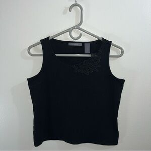 Liz Claiborne black tank top with floral lace embroidery detail on collar